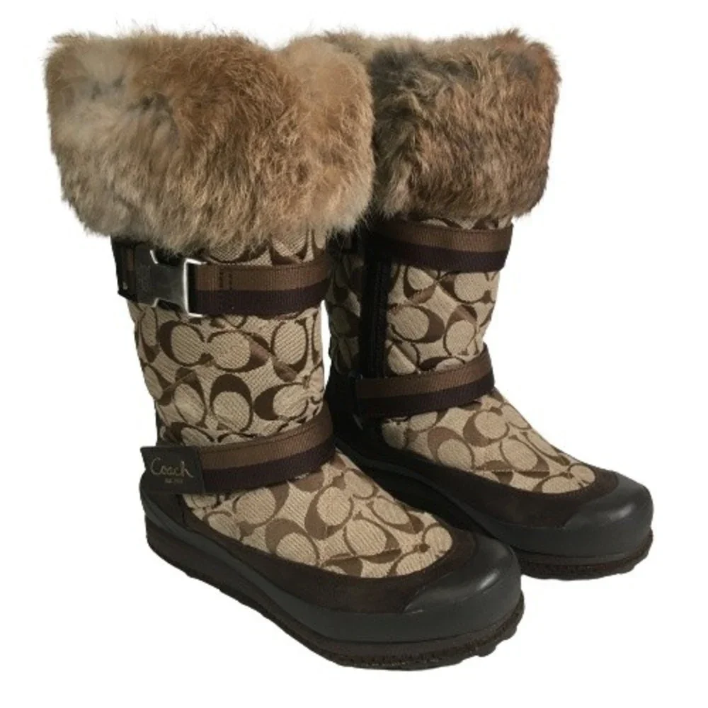 Coach Mariette Winter Snow Boot Sz 6M A7185 Signature Canvas Suede Fur Trim